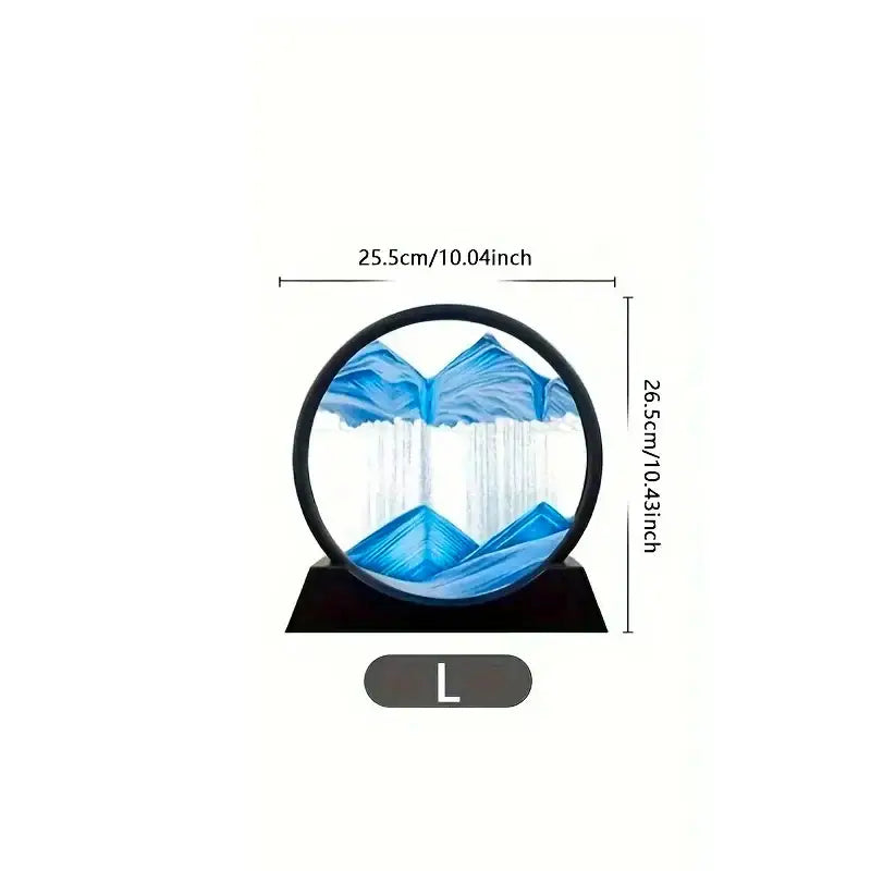 Modern blue circular sand art picture with mountain waterfall design in black frame for living room decor
