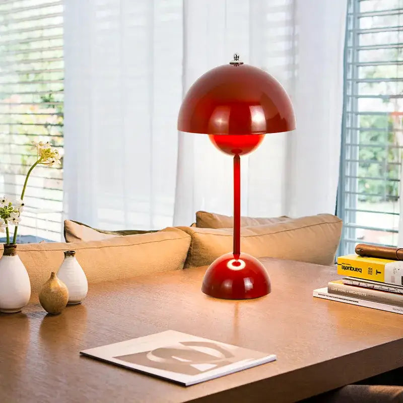 Modern orange bud metal desk lamp with a red metallic flower dome design ideal for bedroom decorbites bud metal use