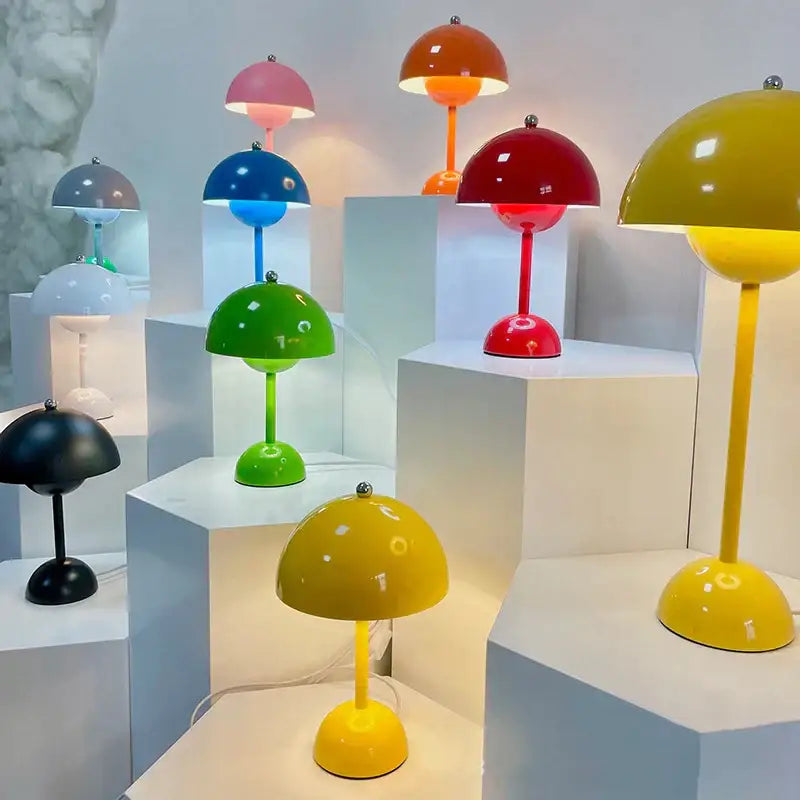 Modern orange bud metal desk lamp with vibrant glossy mushroom shapes in pink orange red green and yellow for decorbites bud metal use