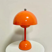 Modern orange bud metal desk lamp with glossy flower dome design and metallic silver sphere for bedroom decorbites bud metal