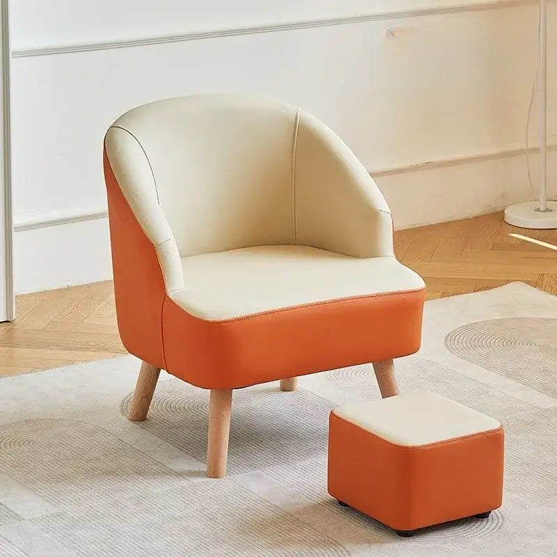 Modern orange and cream two-tone leather single sofa chair with wooden legs for stylish living room seating