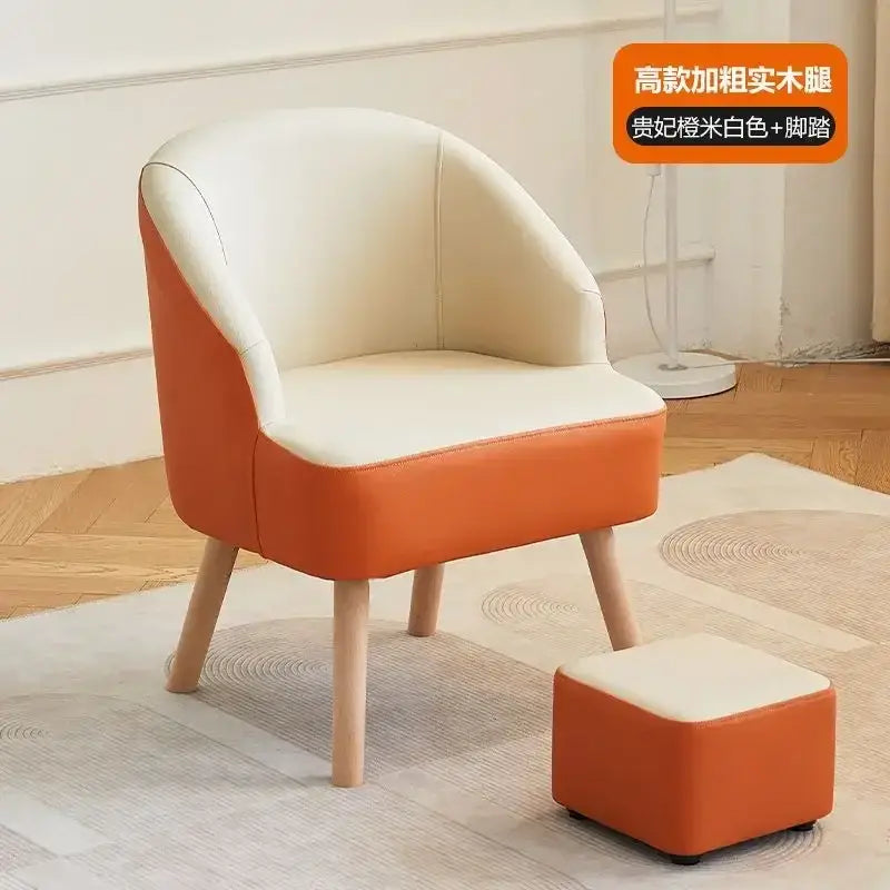 Modern orange and cream leather single sofa chair with wooden legs for living room seating
