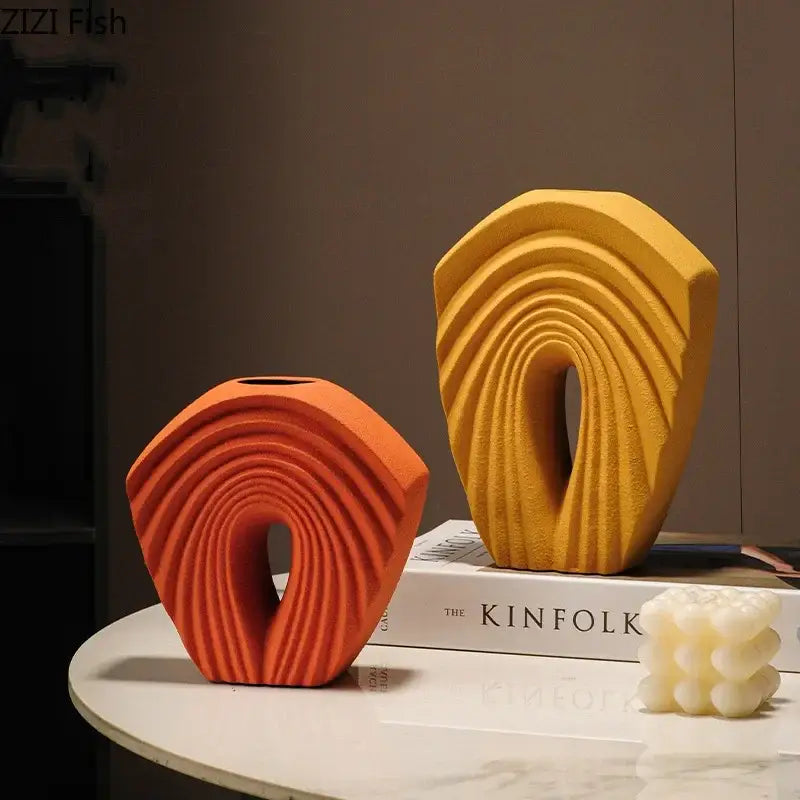 Modern orange geometric ceramic vase set with concentric ribbed design for living room decorbites geometric ceramic decor