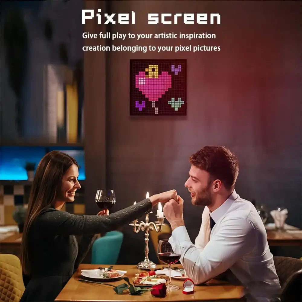 Modern orange led pixel display screen with a pink and purple pixel art heart design for gaming room decor