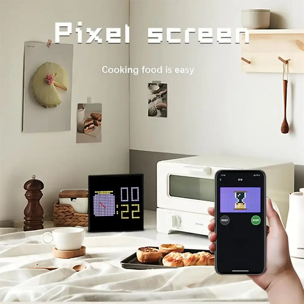 Modern orange led pixel display screen clock showing 00 22 designed as a digital food timer for gaming room decor