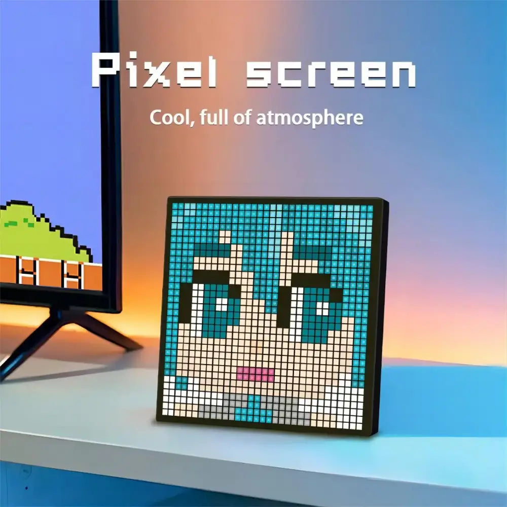 Modern orange led pixel display screen featuring a blue-haired anime character with glasses for gaming room decor
