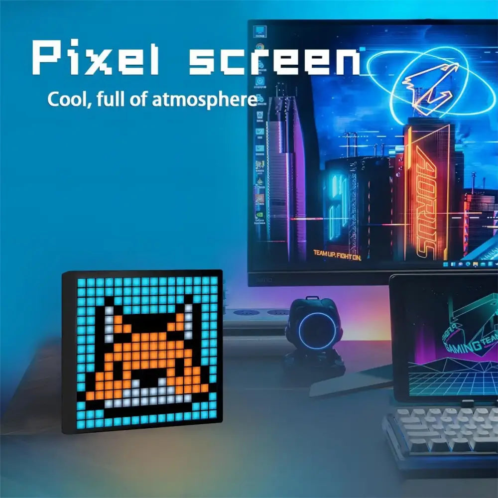 A modern orange led pixel display screen showing a glowing fox face made of illuminated led dots for gaming decor