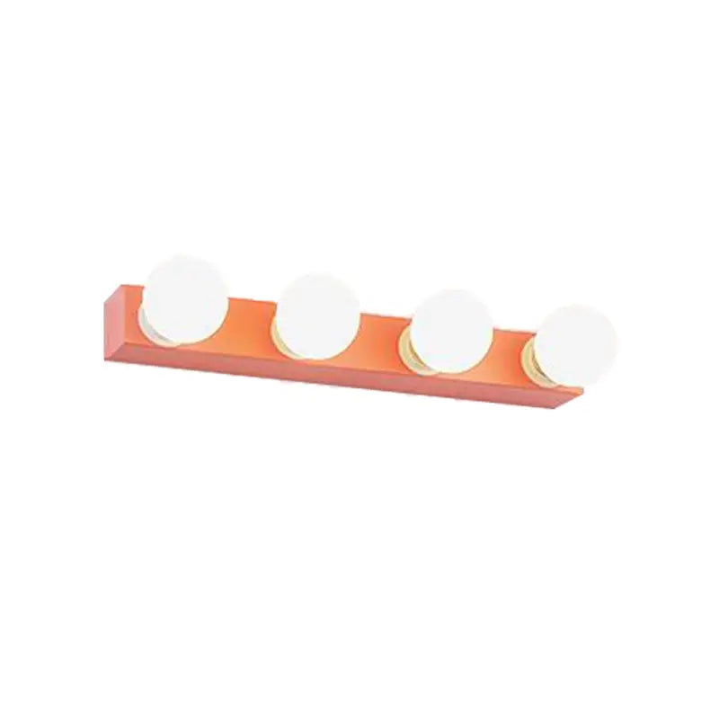 Modern orange rectangular vanity light fixture with four white frosted bulbs ideal for bedroom vanity light use