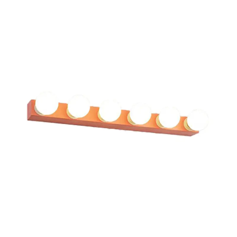 Modern orange rectangular vanity light fixture with six frosted glass bulbs for bedroom vanity light use