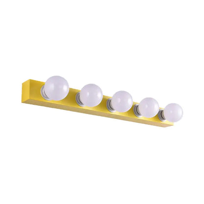 Bright yellow rectangular vanity light fixture with five round white bulbs for modern bedroom use