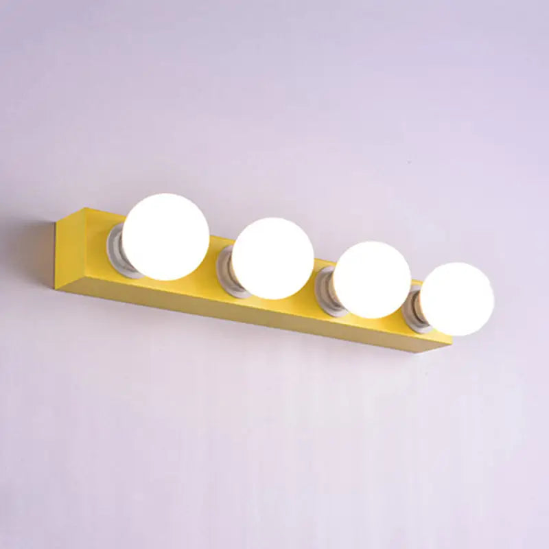 Bright yellow rectangular wall-mounted light fixture with four round white bulbs for modern vanity light use