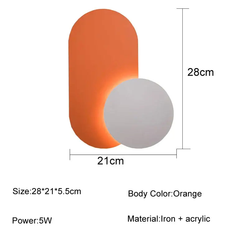 Modern orange and white decorbites led wall lights with sleek oval body and spherical accent for living room lighting