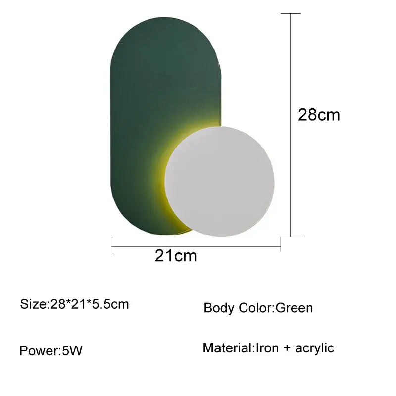 Modern green and white decorbites led wall sconce with sleek oval iron body and acrylic emitting warm yellow glow