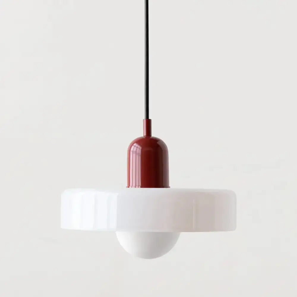 Modern orange and yellow glass led macaron ceiling chandelier with glossy red top and white fluted glass shade
