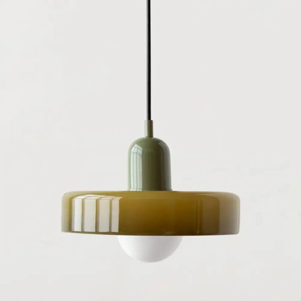 Olive-green glass led macaron pendant light with glossy ribbed shade and sleek stem for macaron ceiling chandelier use