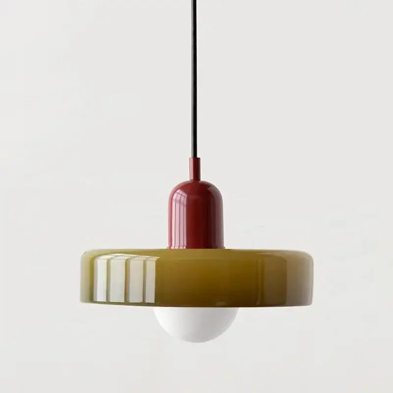 Olive-green and red pendant light with glossy ribbed glass shade for modern orange and yellow glass led macaron chandelier