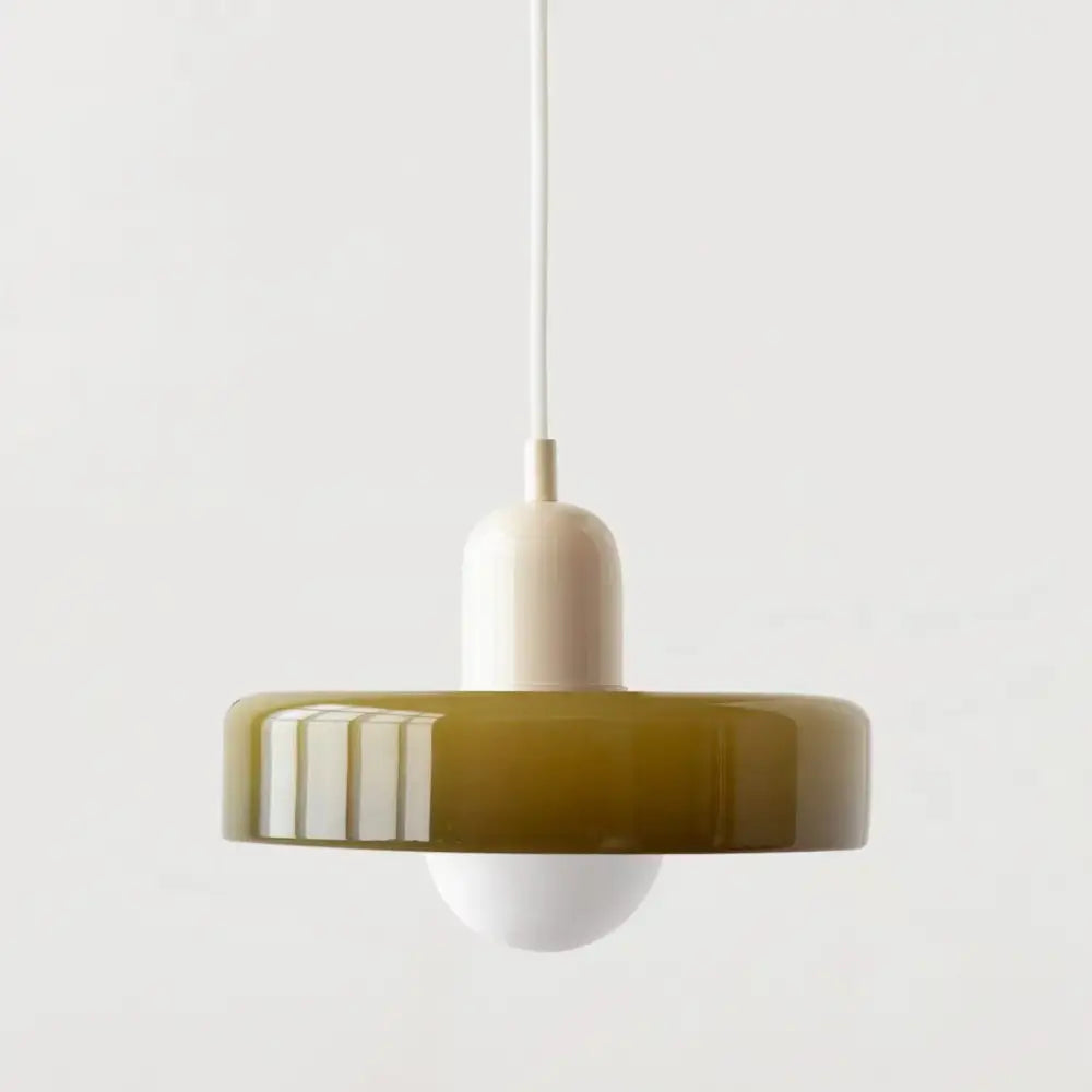 Olive-green glass led macaron pendant light with white cylindrical stem and frosted bulb for macaron ceiling chandelier