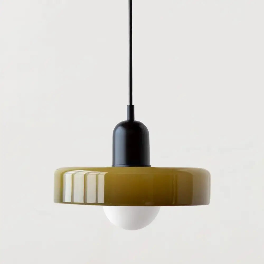 Olive-green glass led macaron pendant light with black metal suspension and visible bulb for modern macaron ceiling chandelier