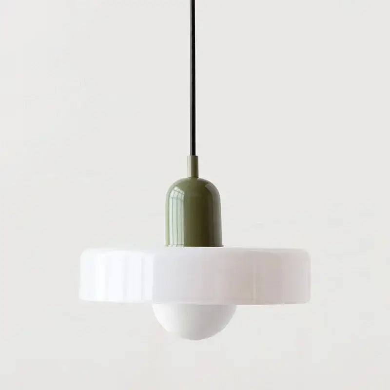 Modern olive-green metal pendant light with white ribbed glass shade and bulb for glass led macaron ceiling chandelier