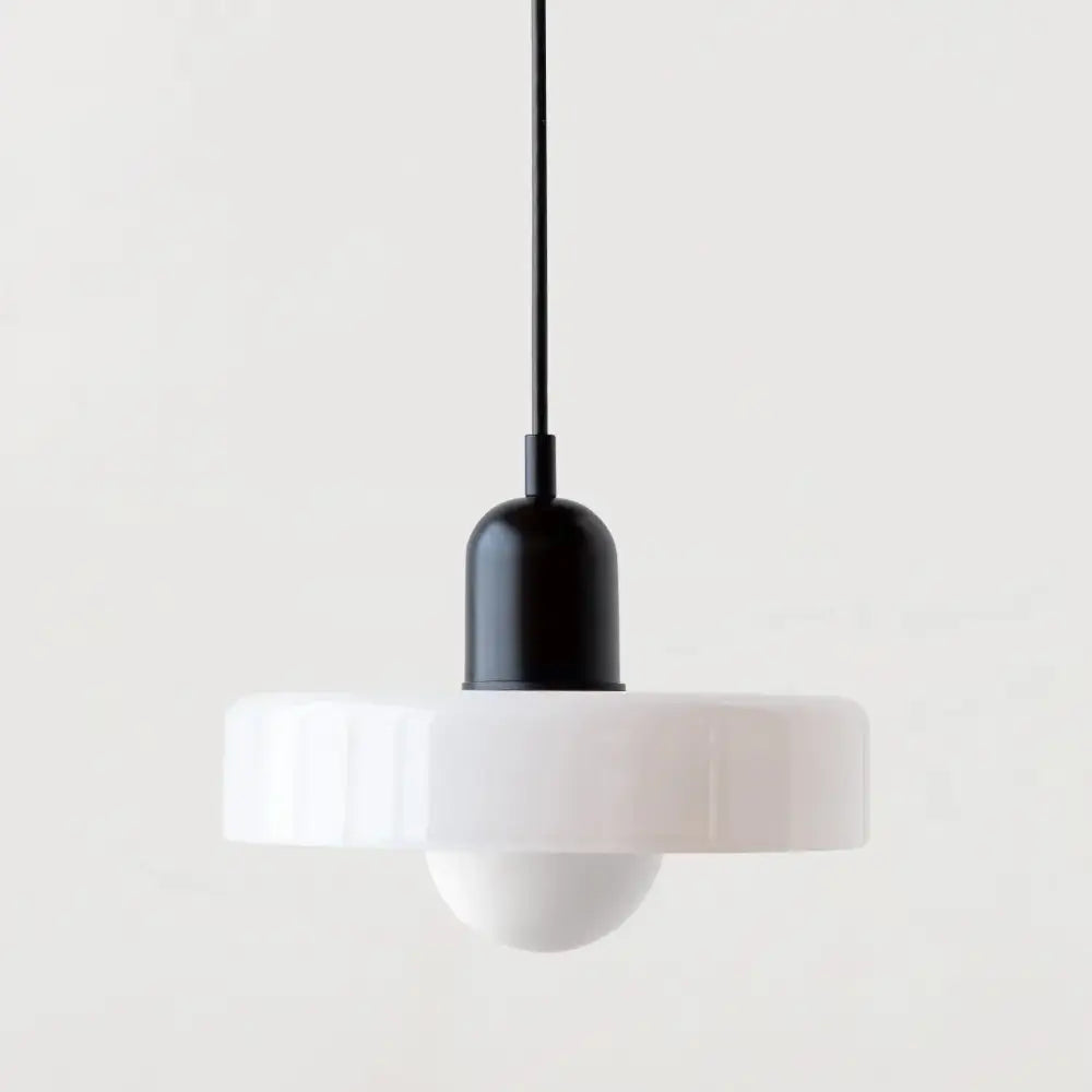 Modern white ribbed glass led macaron pendant light with black metal suspension rod for macaron ceiling chandelier