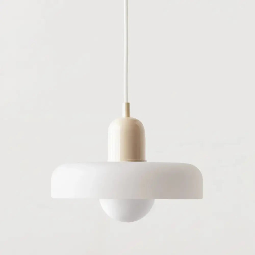 Minimalist pendant light with matte white disc shade and cream base for modern orange and yellow glass led macaron chandelier