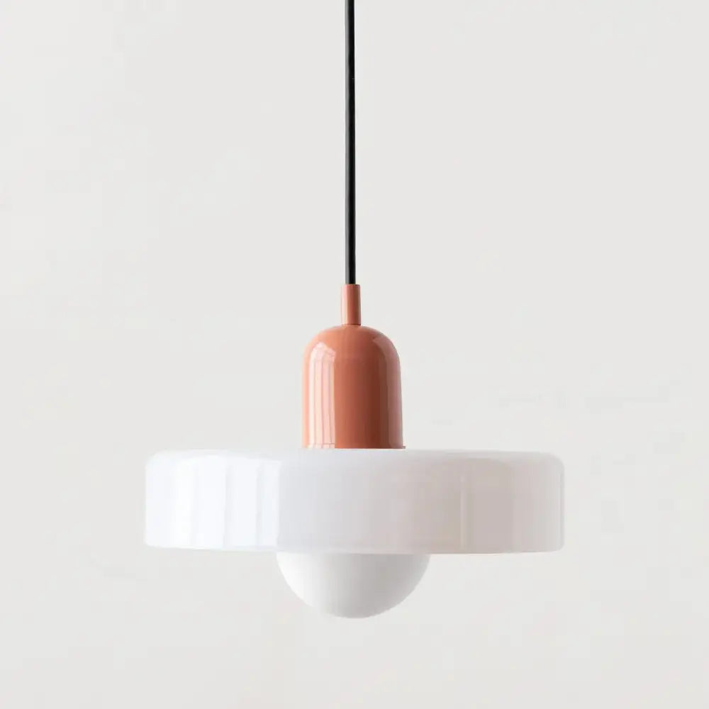 Minimalist glass led macaron pendant light with matte terracotta top and white fluted shade for kitchen ceiling chandelier