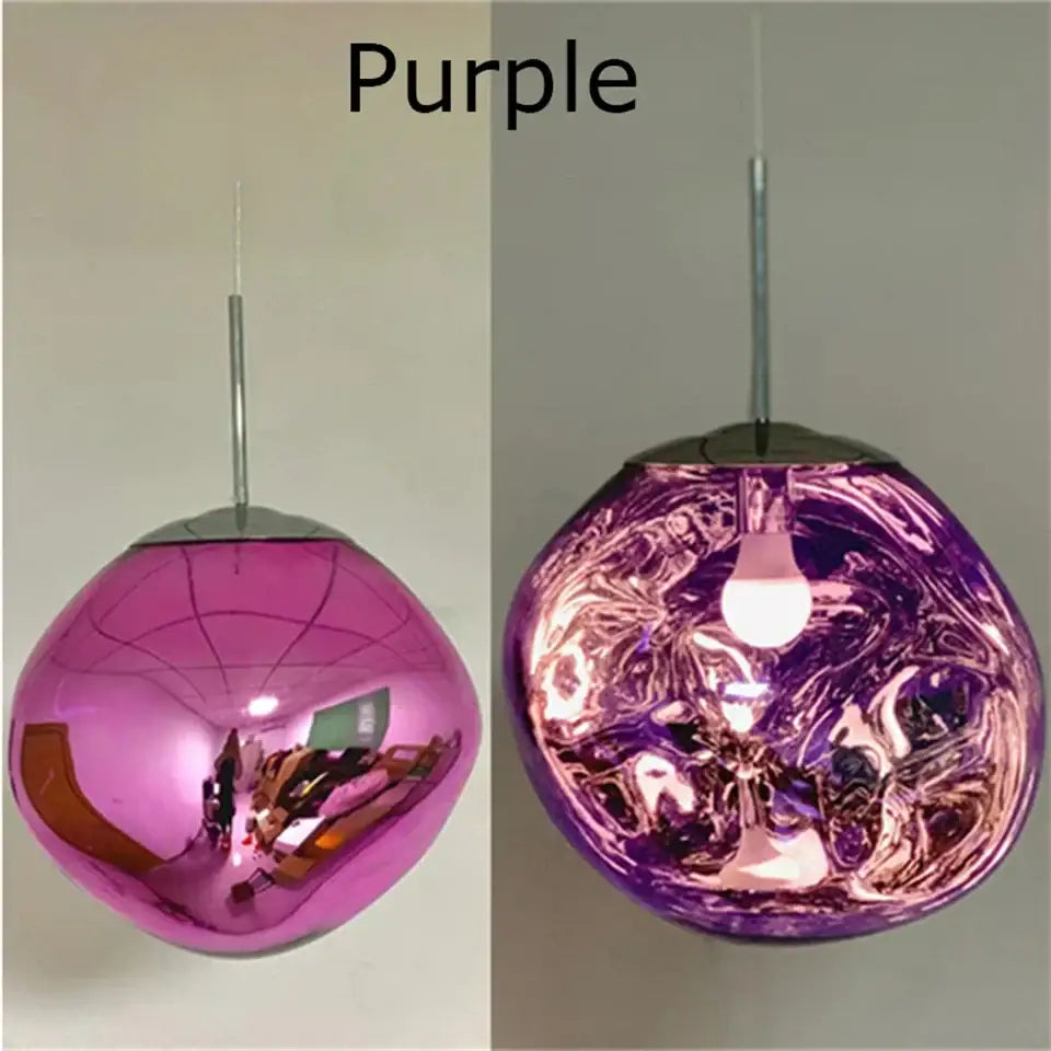 Purple metallic glass pendant light with organic form and chrome plated finish suspended by sleek rod for kitchen trio