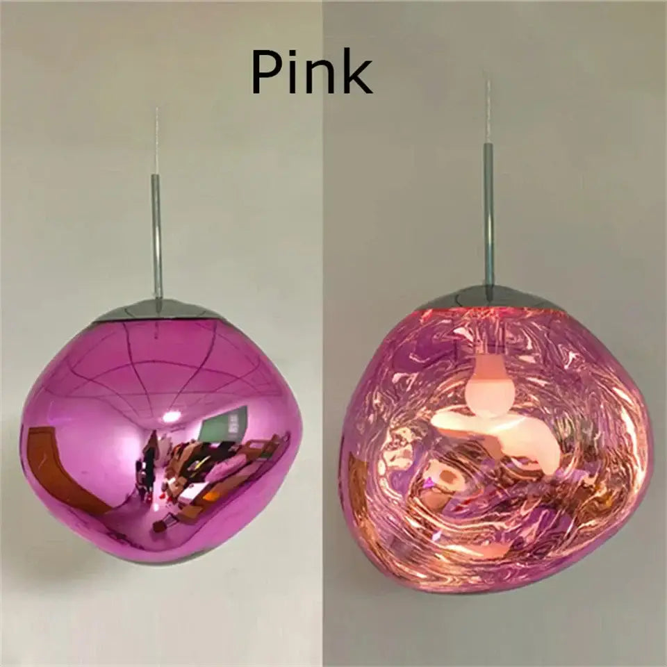 Modern organic form pendant light in pink with a chrome plated finish and reflective swirling patterns