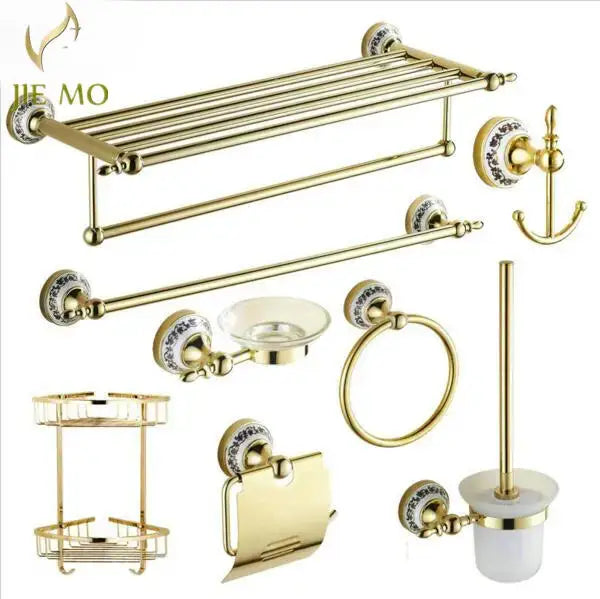 Modern ornate gold and white porcelain bath hardware set featuring gold-toned hardware with ceramic accents