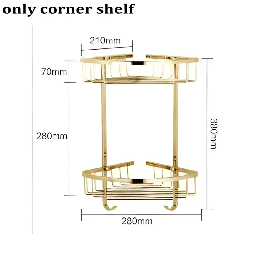 Modern ornate gold and white porcelain bath hardware set with gold two-tiered corner shelf wire mesh design and curved hooks