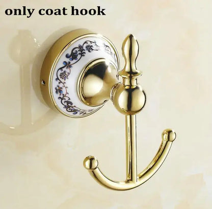 Modern ornate gold coat hook with blue floral ceramic backplate in white porcelain bath hardware set