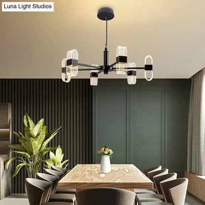 Lámpara de araña ovalada moderna - Acrílico, 6/8/12 luces, colgante para salón con varilla negra - Luz cálida/blanca