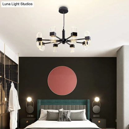 Lámpara de araña ovalada moderna - Acrílico, 6/8/12 luces, colgante para salón con varilla negra - Luz cálida/blanca