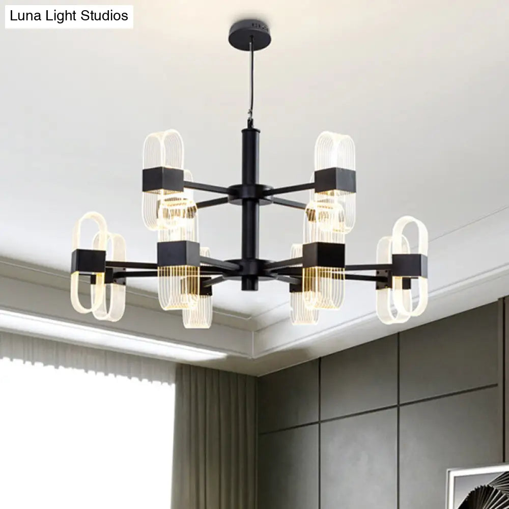 Lámpara de araña ovalada moderna - Acrílico, 6/8/12 luces, colgante para salón con varilla negra - Luz cálida/blanca