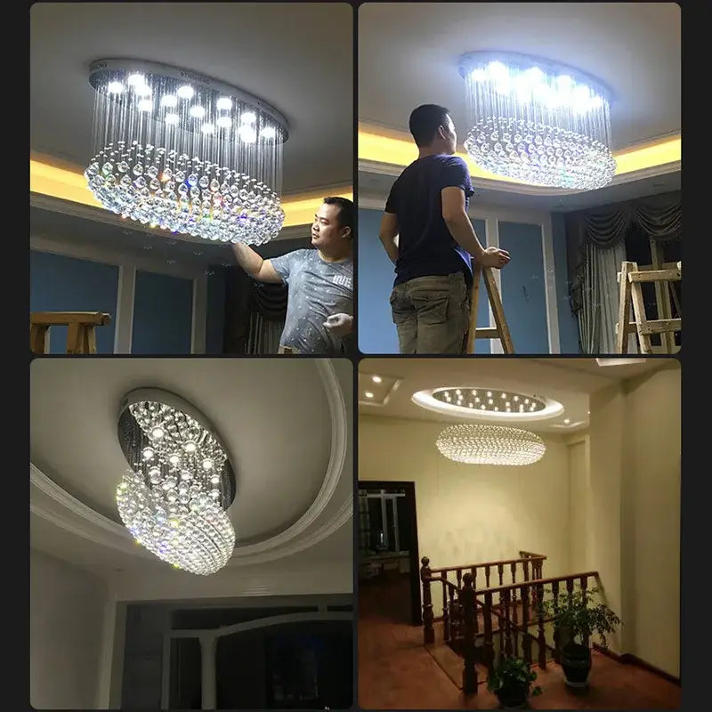 Modern oval crystal flush mount chandelier with cascading clear and iridescent glass beads for dining room lighting