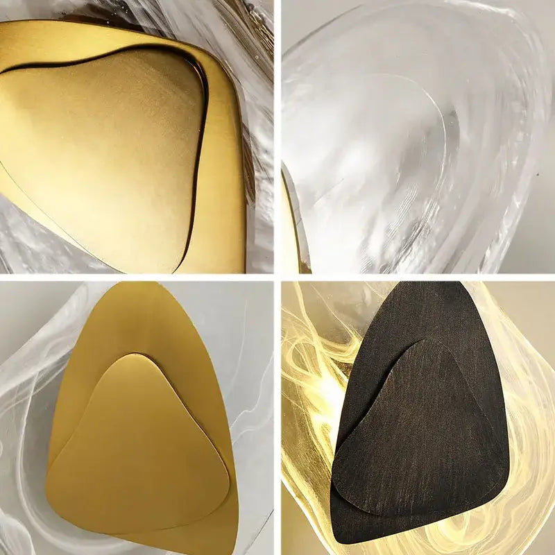 Modern oval crystal wall lamp with gold and black triangular design and abstract filament for bedroom wall lamp