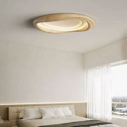 Modern oval decorbites led wood chandelier with natural wood finish and layered glowing rings for living room lighting