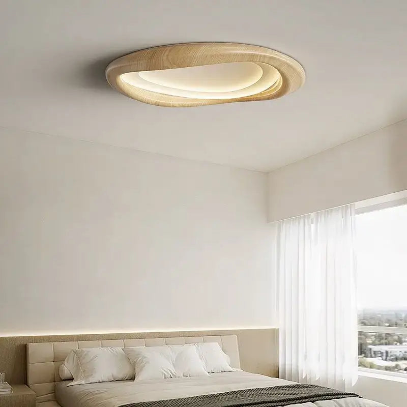 Modern oval decorbites led wood chandelier with natural wood finish and layered glowing rings for living room lighting