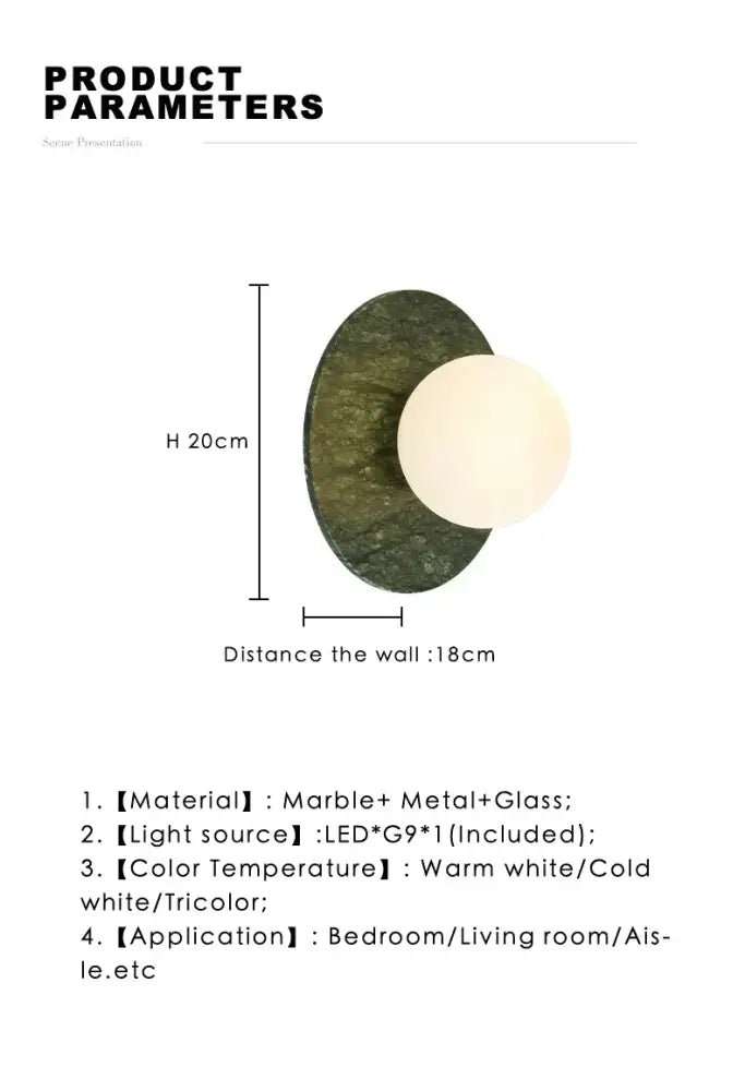 Modern oval wall lamp with green marble base and frosted glass globe led light for living room decorbites green marble