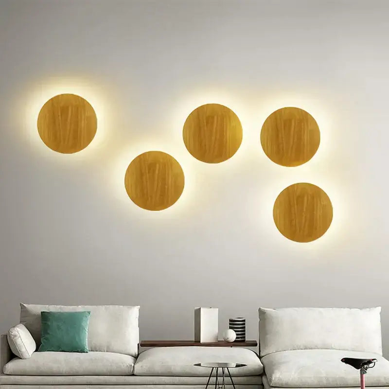 Modern oval led wooden wall lamp with five circular wooden sconces and warm glowing light for bedroom decorbites led wooden use