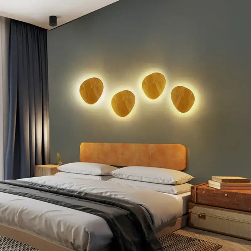 Four warm-toned oval led wooden wall lamps with soft glowing light for modern bedroom decorbites led wooden wall lamp