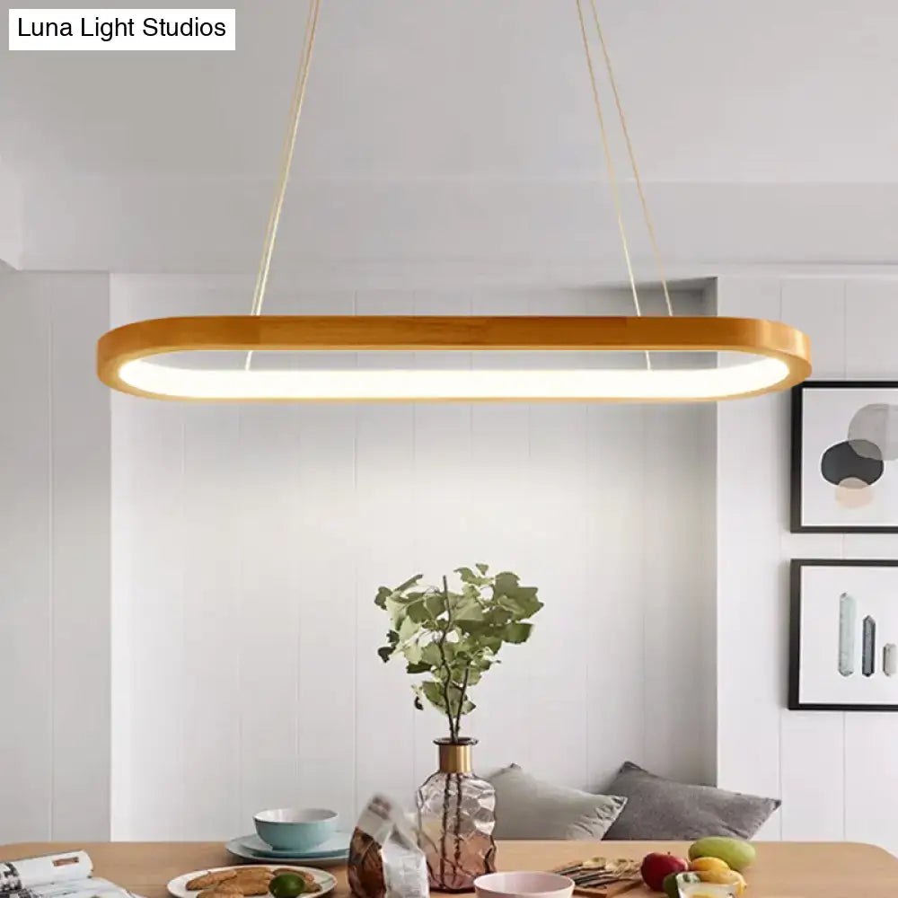 Modern oval wood led island pendant light with warm wood frame and white glowing led strip for living room pendant light