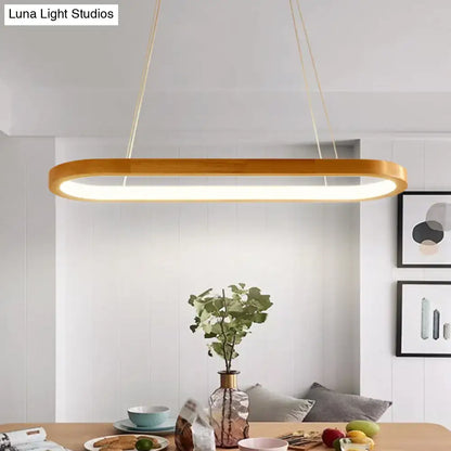 Modern oval wood led island pendant light with warm wood frame and white glowing led strip for living room pendant light