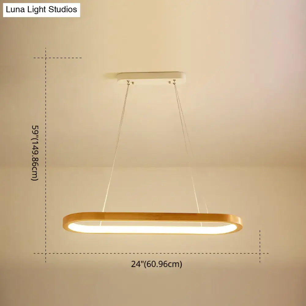 Modern oval wood led island pendant light with warm white led glow in a sleek gold metal frame for living room