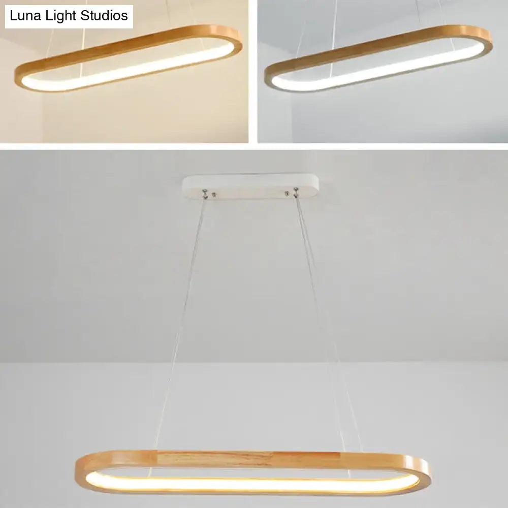 Modern oval wood led island pendant light with warm wood finish frame and white led strip for living room lighting