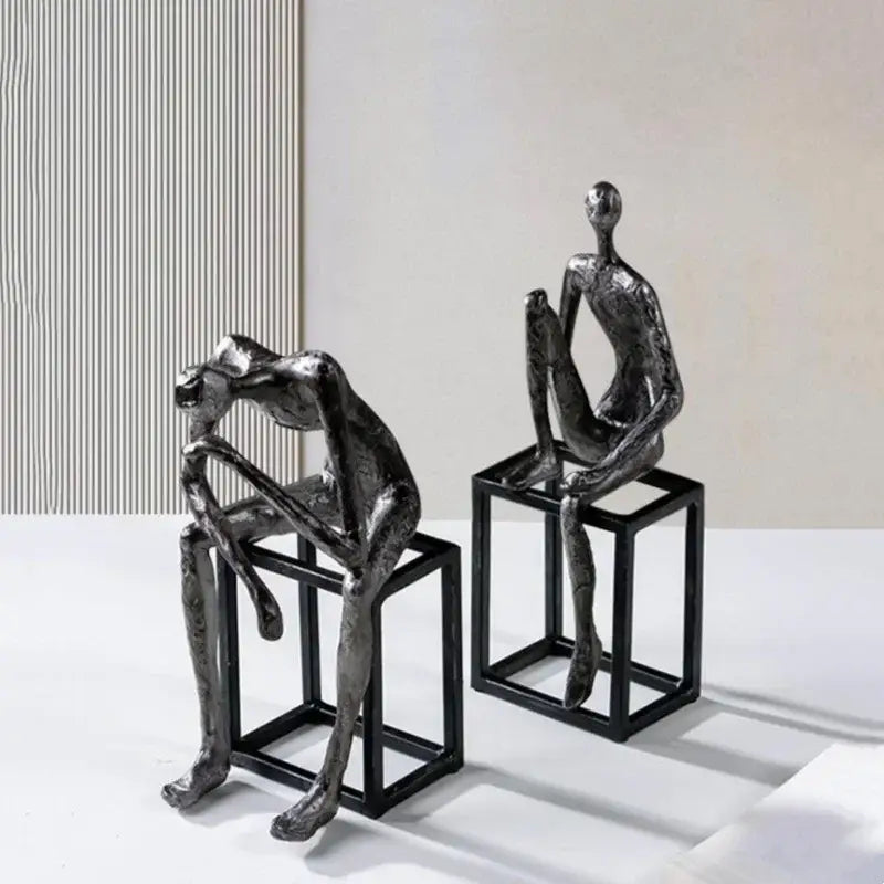 Modern oxidized silver abstract thinkers sculpture with two metallic figurines for living room decorbites abstract thinkers