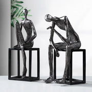 Modern oxidized silver abstract thinkers sculpture by decorbites featuring two textured metallic figurines for living room decor
