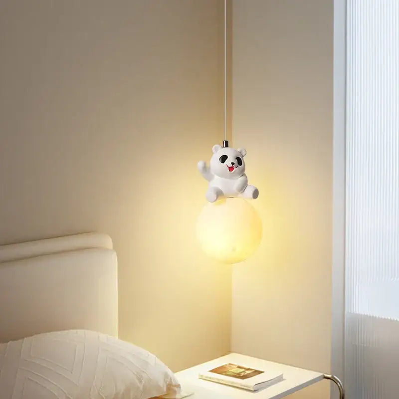 Modern panda bear bedroom wall lamp white glass pendant light with cute panda shape and soft yellow spherical light decorbites bear bedroom