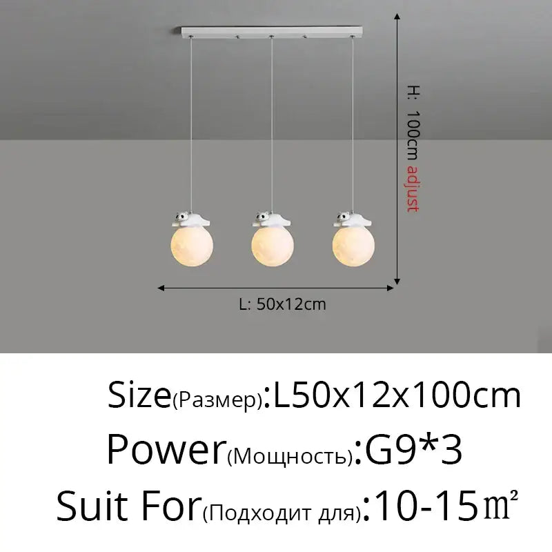 Modern panda bear bedroom wall lamp featuring white glass pendant light with three spherical bulbs and small animal figurines
