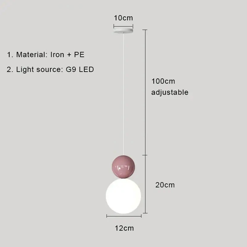 Modern pendant light with matte pink and cream translucent metal spheres featuring adjustable cord and light color options